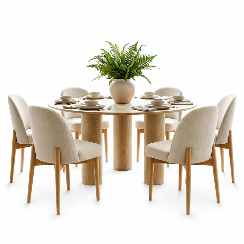 Modern 7-Piece Round Dining Set With Multi-Pedestal Base Table And Upholstered Wood-Leg Chairs, Beige