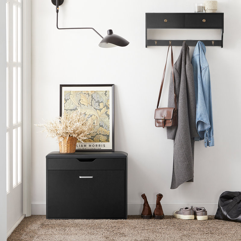 Shoe Bench Narrow Shoe Rack with Folding Padded Seat for Small Space, Hallway, Entryway, Black, Black