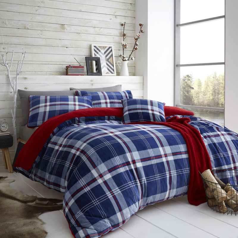 Teddy Satin Plaid Duvet Cover Set with Pillowcases, Blue/White/Red, Double Duvet Cover