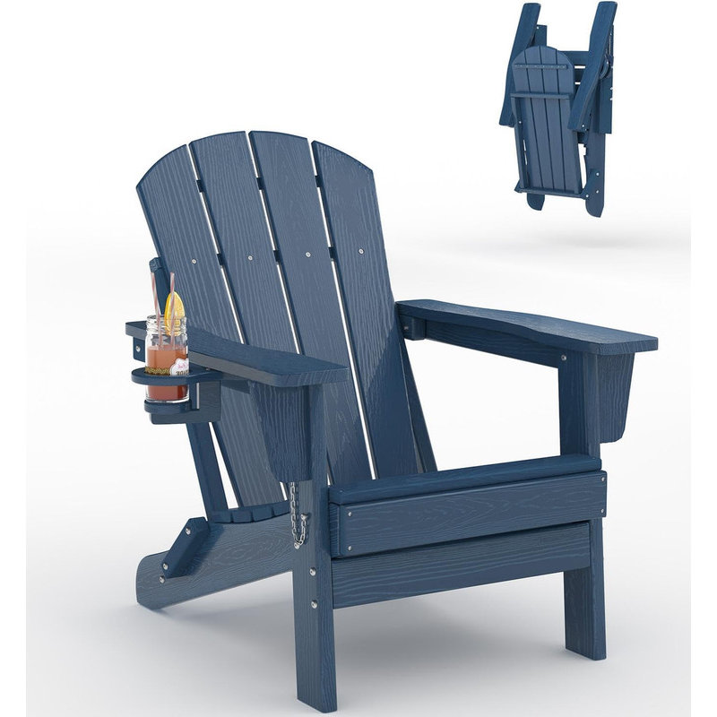  Folding HDPE Adirondack Chair with Cup Holder, Wood-Grain Texture, All-Weather Outdoor Patio Seating for Decks, Gardens, Fire Pit