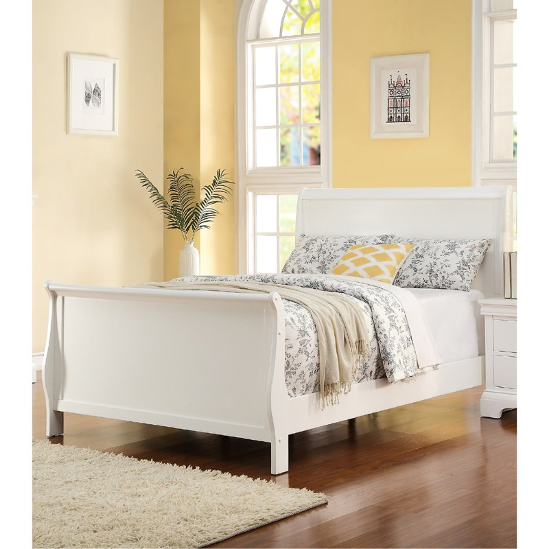 Lit double de style moderne avec tête de lit en contreplaqué blanc et repose-pieds avec structure solide, Lit double