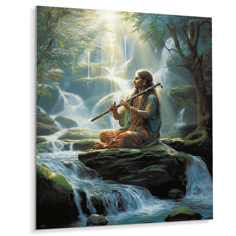 Joueur de flûte sur rocher dans la rivière - musicien, art mural, salon, Métal métal, H 32 po x l 16 po x P 1 po