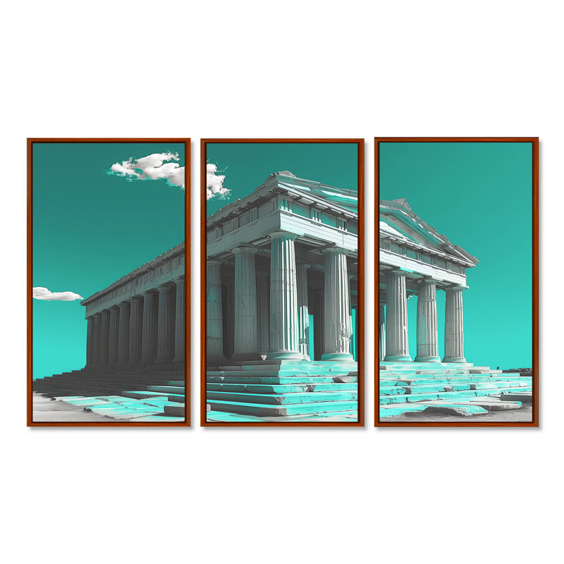 Ensemble de décorations murales vert et blanc, monument historique grec et photo II, Toile naturelle avec cadre flottant