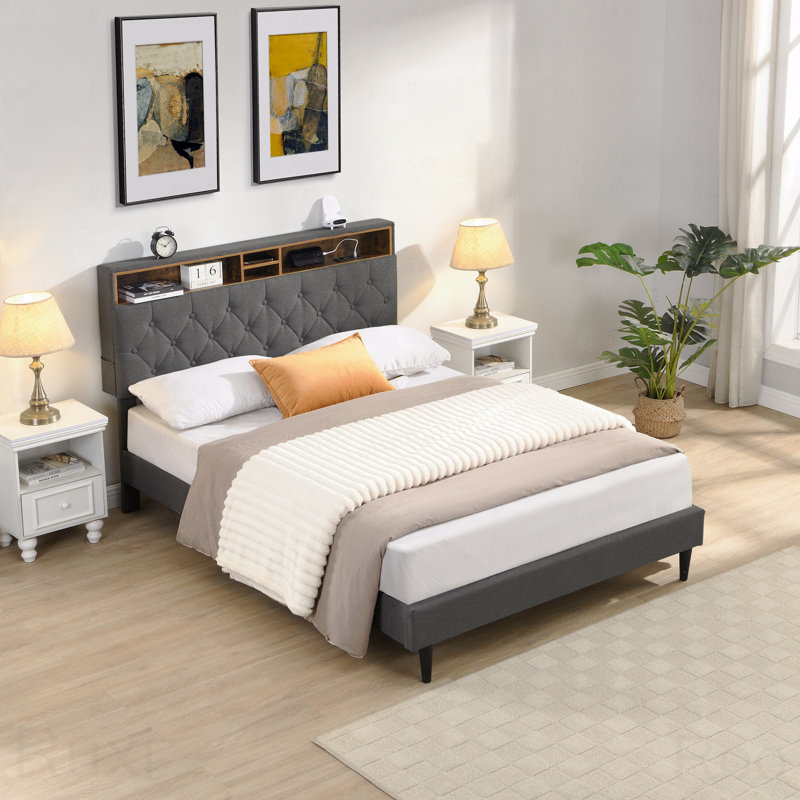 Queen Upholstered Platform Bed Frame, Button-Tufted, USB, Pockets, Black, Queen