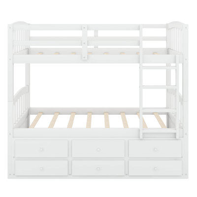 Space-Saving Twin Bunk Bed With Ladder, Safety Rail And Twin Trundle Bed Equipped With Three Drawers