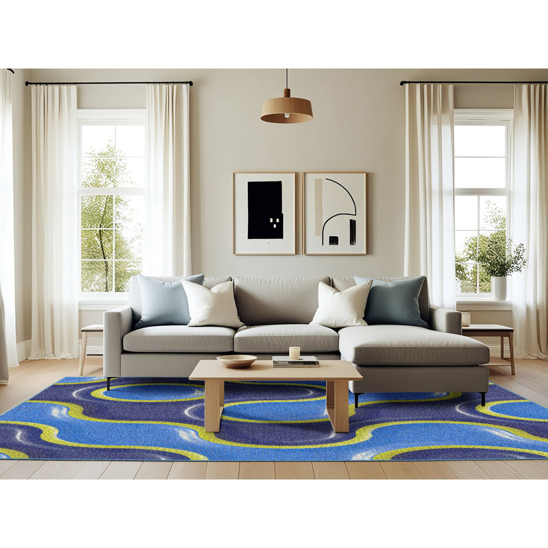 Tapis bleu tissé à la machine, Rectangle 6 pi x 9 pi