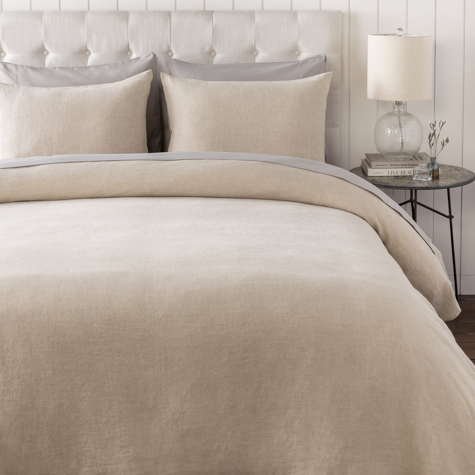 Pia Linen Duvet Cover Set, King Duvet Cover + 2 King Shams, Olive