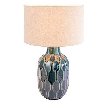 Embossed Ceramic Table Lamp With Linen Shade, Inline Switch And Reactive Glaze