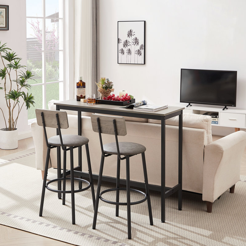 Ensemble de table de bar avec 2 tabourets de bar en polyuréthane avec dossier, L 43,31 po x l 15,75 po x H 35,43 po, Gris