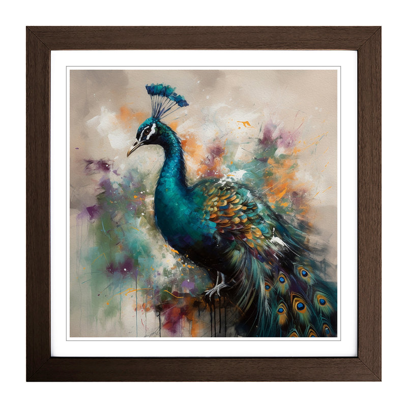 Peacock Gestural Art - Single Picture Frame Print on Wood, Walnut