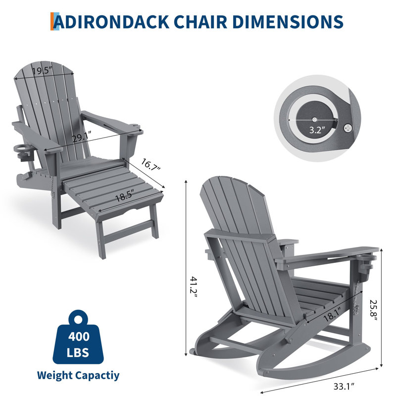 Adirondack Outdoor Rocking Chairs for Porch, Folding Adirondack Rocker Chair with Two Cup Holders, HDPE All Weather Outdoor Adirondacks Rocking Chair