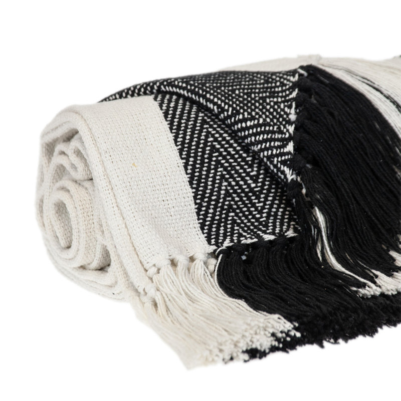 Jeté rayé en coton tissé, Rayures blanc / noir