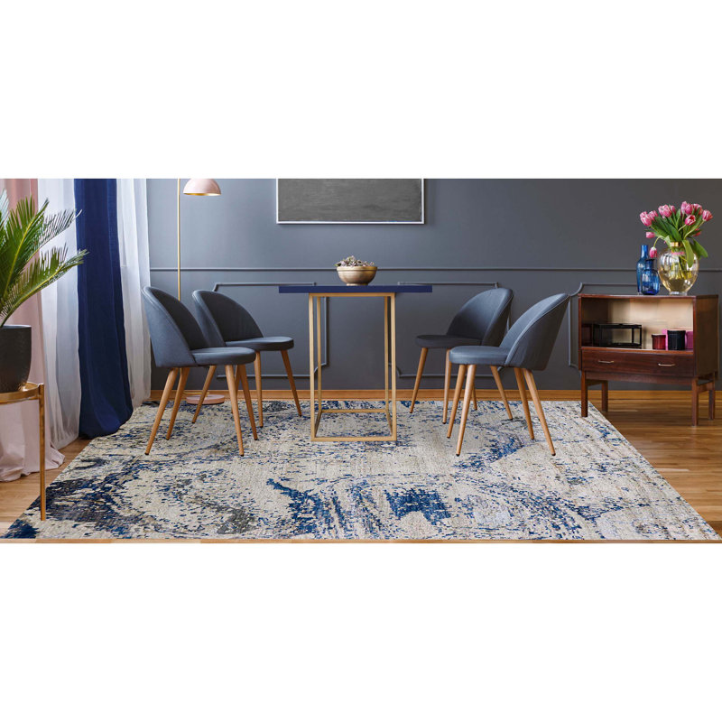 Tapis abstrait noué à la main ivoire / bleu, Rectangle 4 pi x 12 pi