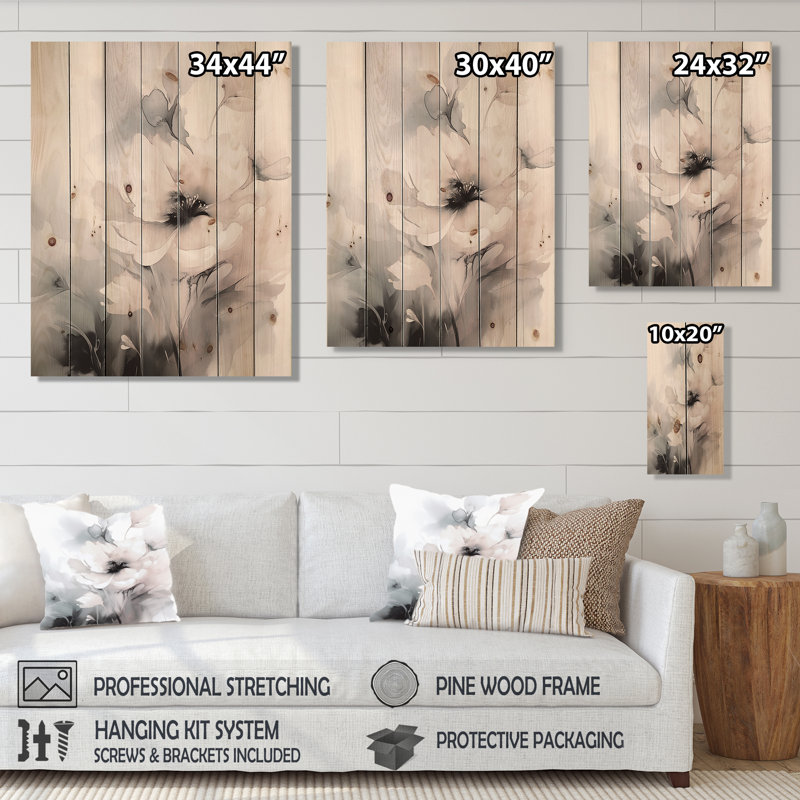 Simoneaux - Art mural floral sur bois de pin naturel, H 32 po x l 24 po