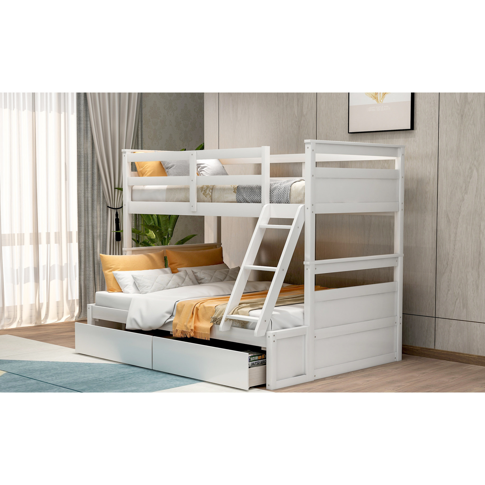 Latitude Run® White Solid Wood Twin Over Full Bunk Bed, For Added ...