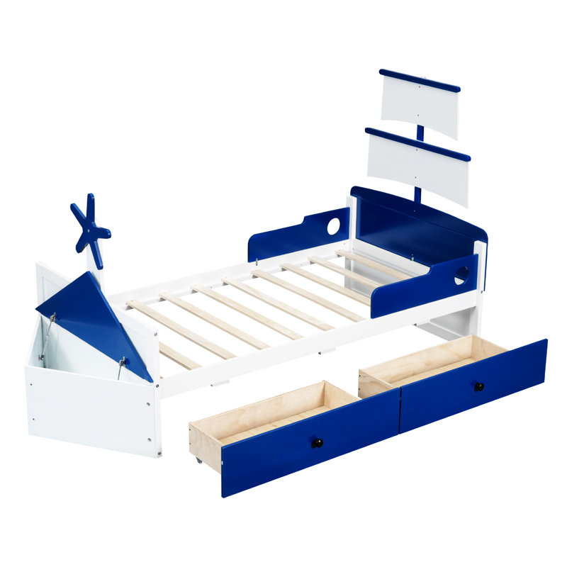 Lit plateforme simple en bois avec 2 tiroirs Acuff, Bleu