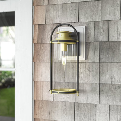 Laux 1 - Light 17.04'' H Gold Black Glass Outdoor Wall Lantern, Dusk-To-Dawn