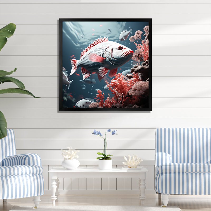 Danse de poissons monochrome rose et gris, Cadre simple noir, H 36 po x l 36 po x P 1,5 po