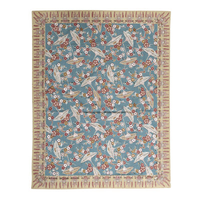 Tapis bleu et doré de haute qualité noué à la main