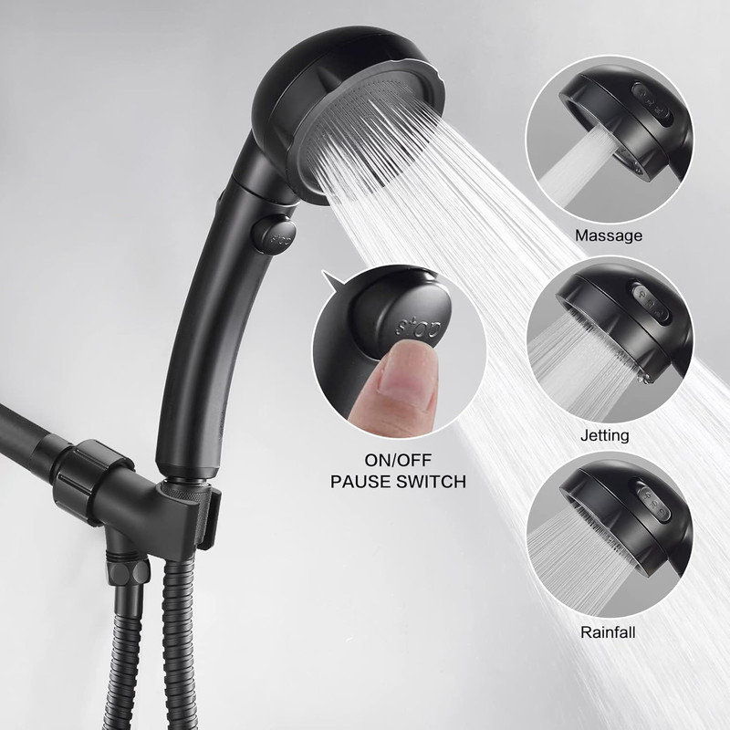 Black Nickel Handheld Shower Head with Pause Switch and 3 Spray Modes