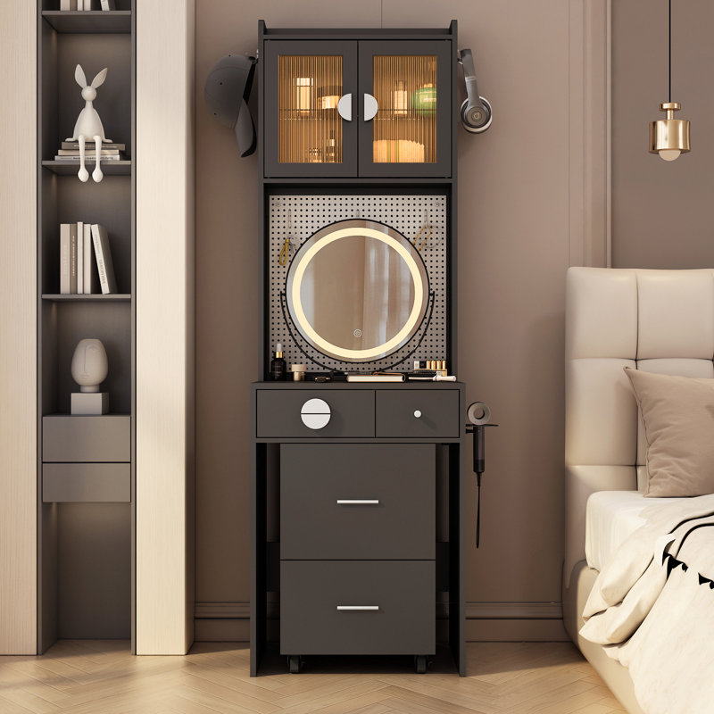 Makeup Vanity Set with LED Lights and Power Outlets, Black