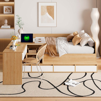 Lit plateforme double en bois avec 6 tiroirs, tablettes et coiffeuse