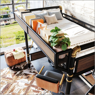 Lit mezzanine simple en métal de taille XL avec bureau intégré et prise de courant, bande DEL, cadre de lit mezzanine en métal avec panneaux perforés et panneaux de rangement en filet, escalier de rangement avec garde-robe, noir
