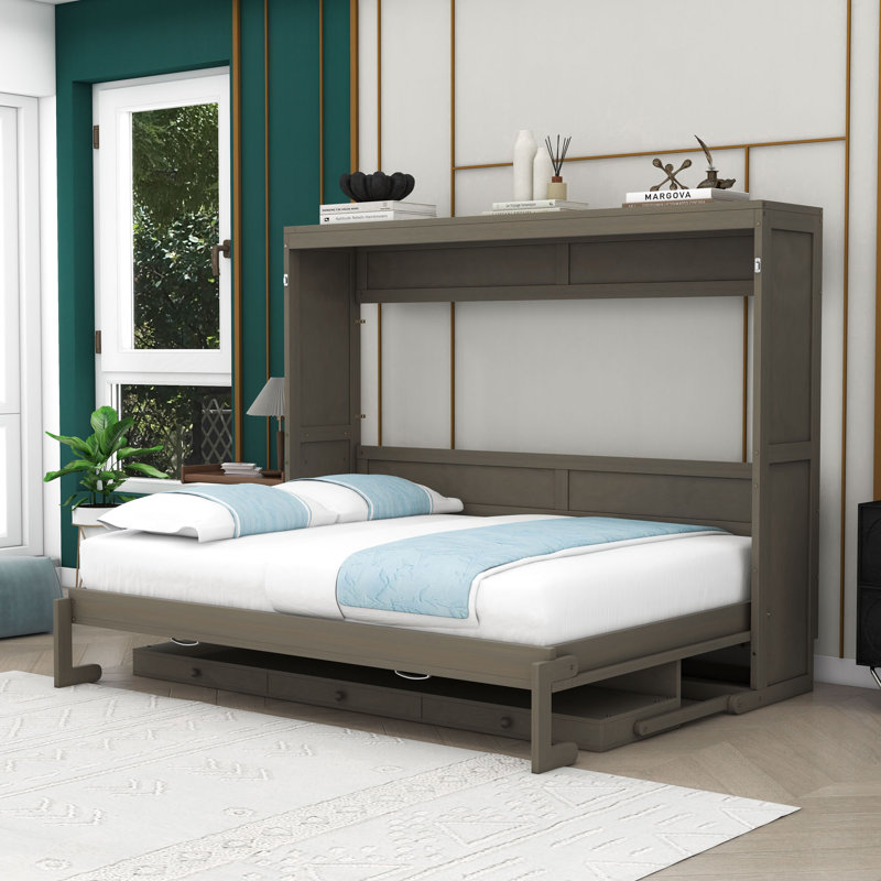 Grand lit escamotable avec coiffeuse, miroir central et 2 tiroirs, gris