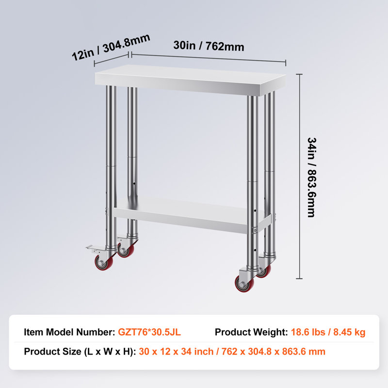 Stainless Steel Work Table 30 x 12 x 34 Inch, 700 LBS Load Capacity with 4 Wheels, 3 Adjustable Height Levels