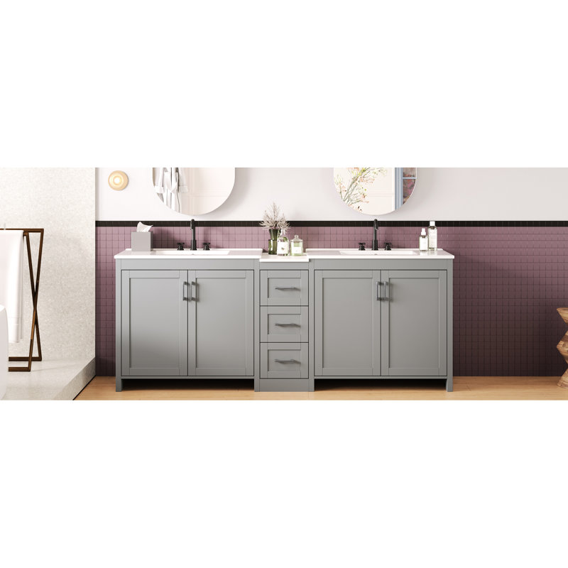 Meuble-lavabo double 84 po gris avec comptoir en quartz, lavabos en céramique, trois tiroirs, espace de rangement réglable et poignées en métal à prise lisse 84 po de couleur, 2 surfaces, 3 tablettes personnalisables