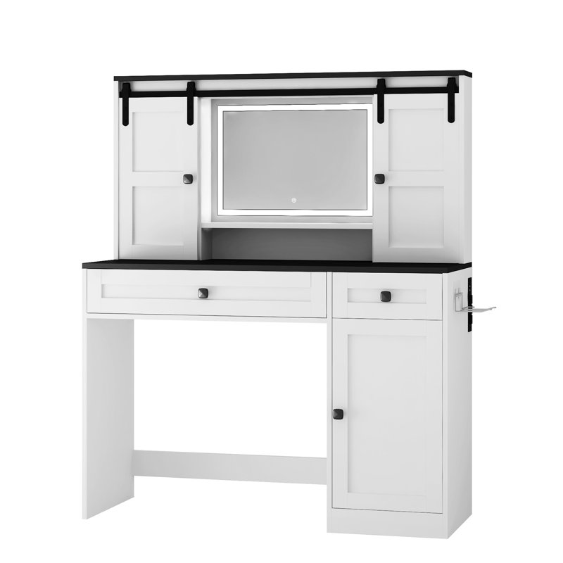 Coiffeuse de 43 po de largeur, avec miroir éclairé et armoire réglable, meuble-lavabo blanc, porte-séchoir à cheveux, maquillage