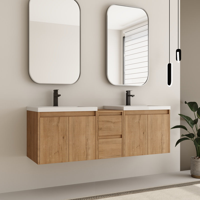  Ensemble de meuble-lavabo mural double 60 po avec plateau en résine Bellmead, 60"