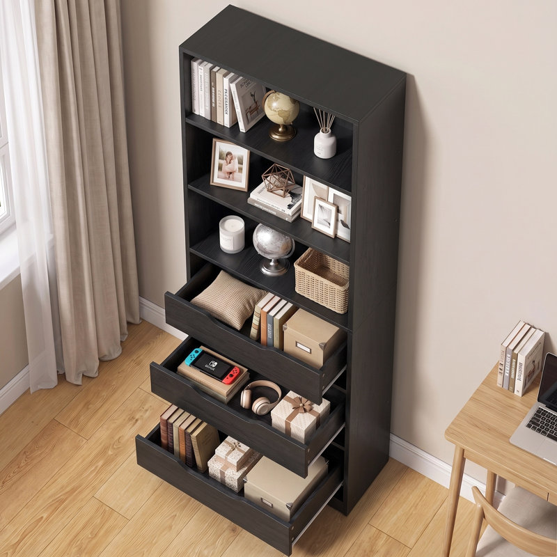Bibliothèque standard à 3 niveaux avec tiroirs, Noir