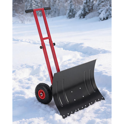 Poussoir à neige de 50 po avec lame et poignée réglables, chariot de chasse-neige en métal robuste avec pneus gonflables de 10 po, plaque rouge et pelle noire