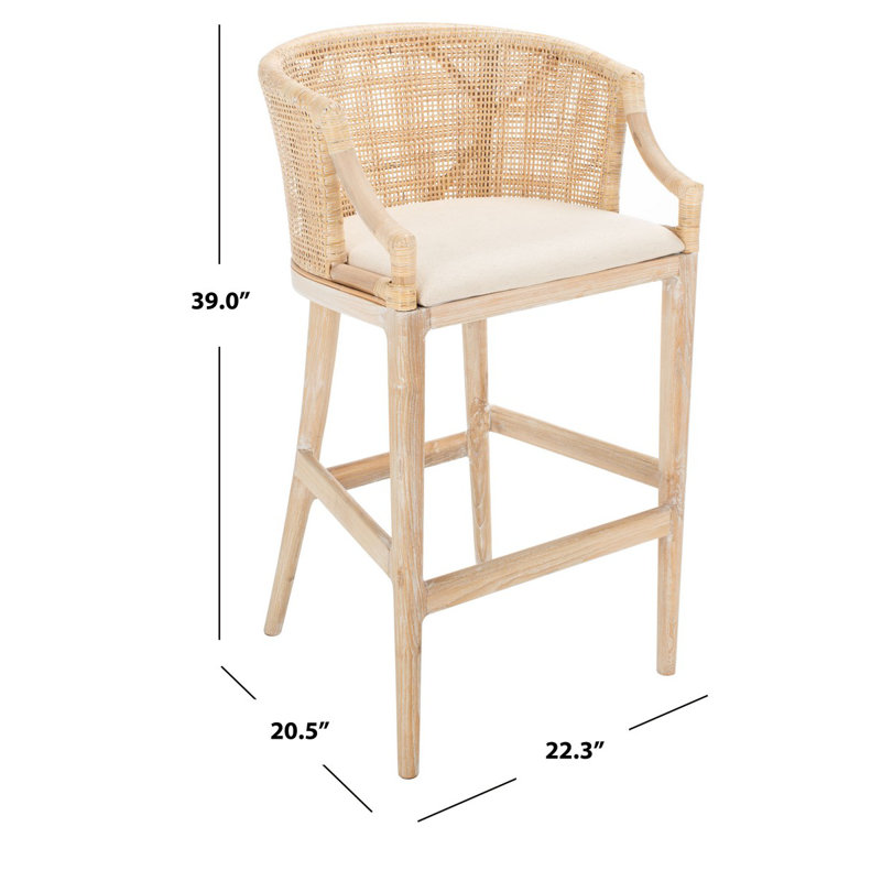 Tabouret de bar Morency Transitional - Structure en acajou avec dossier en rotin texturé et coussin en mousse, Beige, Blanc