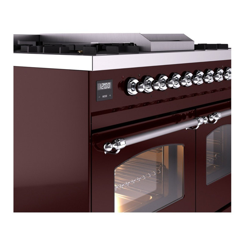 ILVE Nostalgie II 40 in Dual Fuel Range, Burgundy/Chrome, Liquid Propane