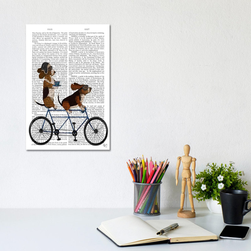 Basset Hound Tandem, Print BG by Fab Funky - Wrapped Canvas Gallery-Wrapped Canvas Giclée, 20.32 cm H x 30.48 cm W