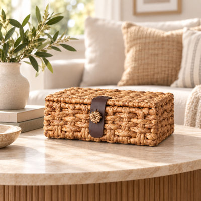 Water Hyacinth Woven Decorative Storage Box with Lid for Shelf and Table Decor
