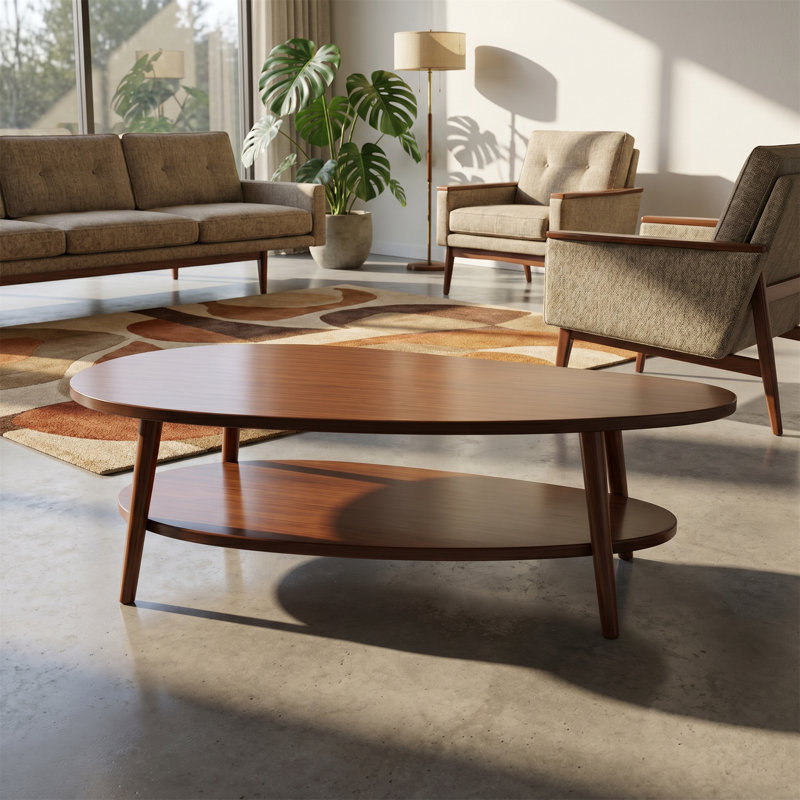 Table basse en forme de mangue, avec tablette de rangement, 4 pieds ronds, structure en bois, brun, Brun