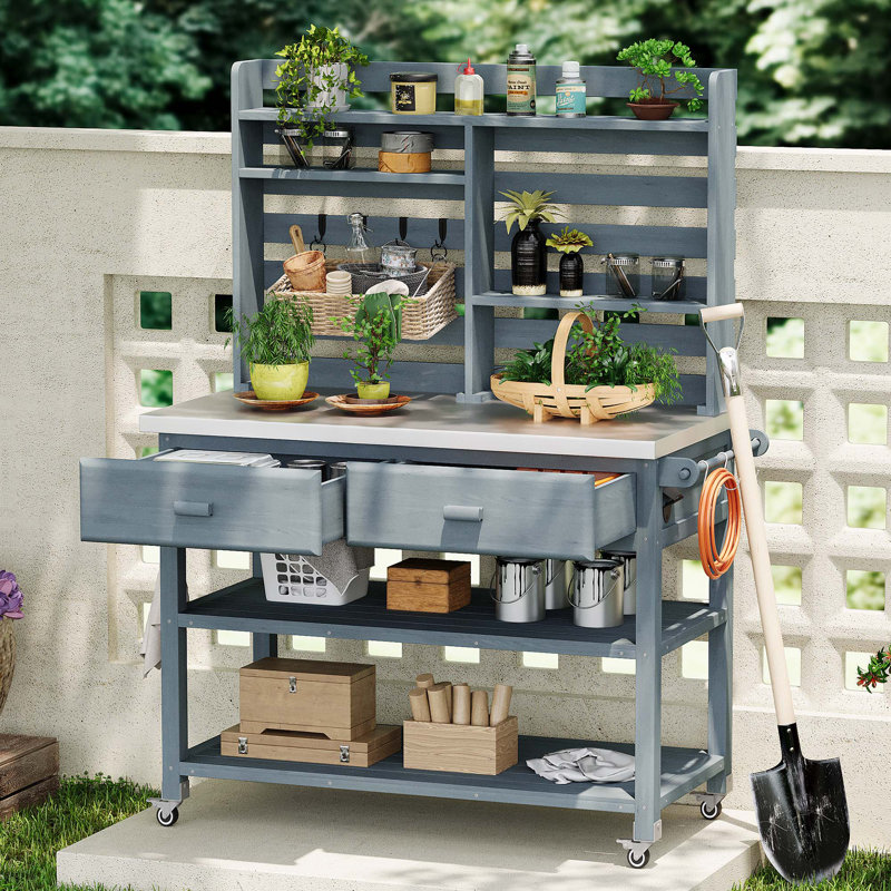Table de rempotage d'extérieur 64,9 "H avec roulettes verrouillables, oliverson extérieur en bois massif avec huche supérieure, plateau en acier inoxydable