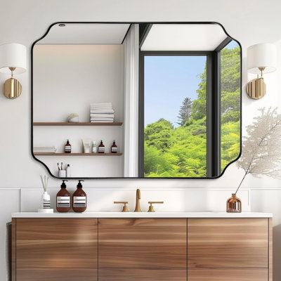 Modern Scalloped Corner Rectangle Bathroom Vanity Mirror | Stainless Steel Frame