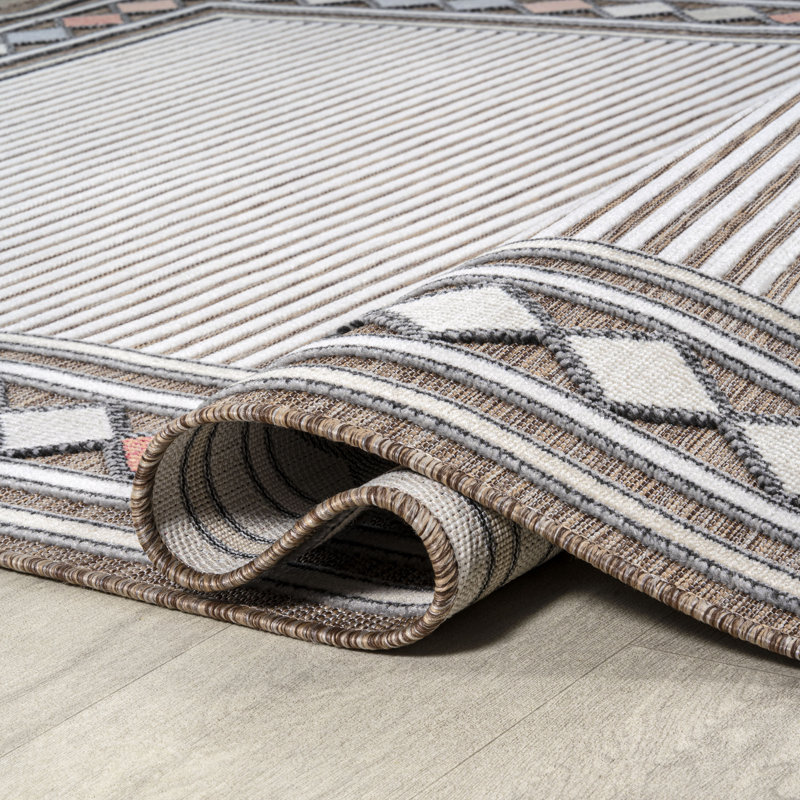 Hardit High-Low Modern Diamond Border Brown/Ivory Indoor/Outdoor Rug, Runner 2'2" x 8'
