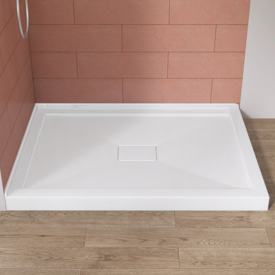 Base de douche 48 po x 36 po à double seuil avec bonde centrale, bac à douche en acrylique renforcé de fibre de verre, plateau de douche blanc brillant avec bonde et couvercle de bonde, base de douche à bride à carreaux à 2 côtés pour installation en alcôve à droite sur 2 murs