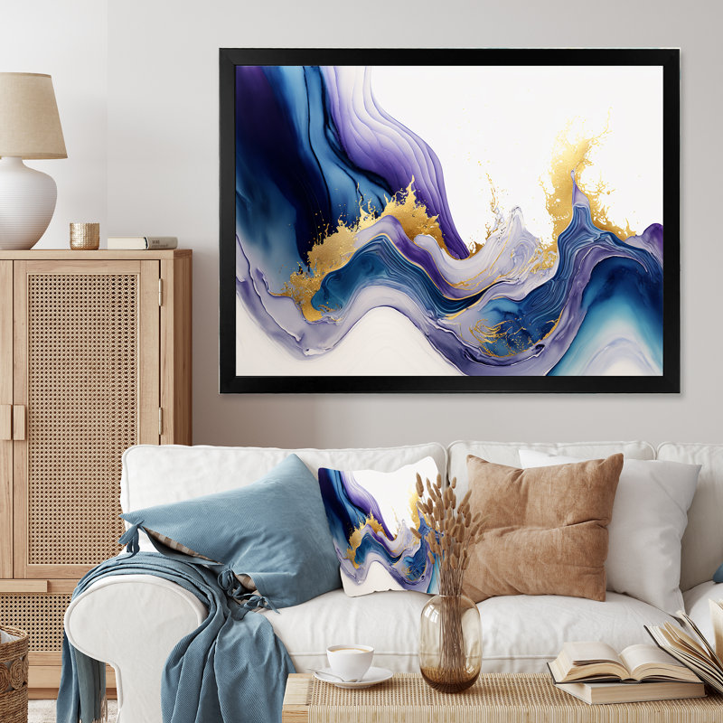 «Blue and Gold Splash Paint V», peinture sur toile, Impression noire sur toile encadrée, H 12 po x l 20 po x P 1 po