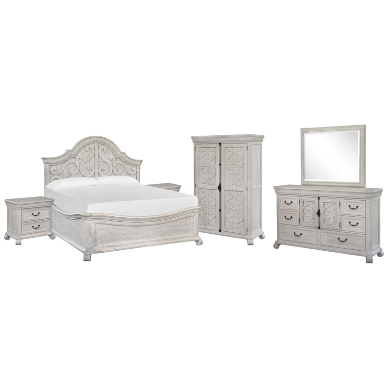 King Shaped Panel Bed 2 Nightstands Drawer Dresser With Landscape Mirror And Armoire, King