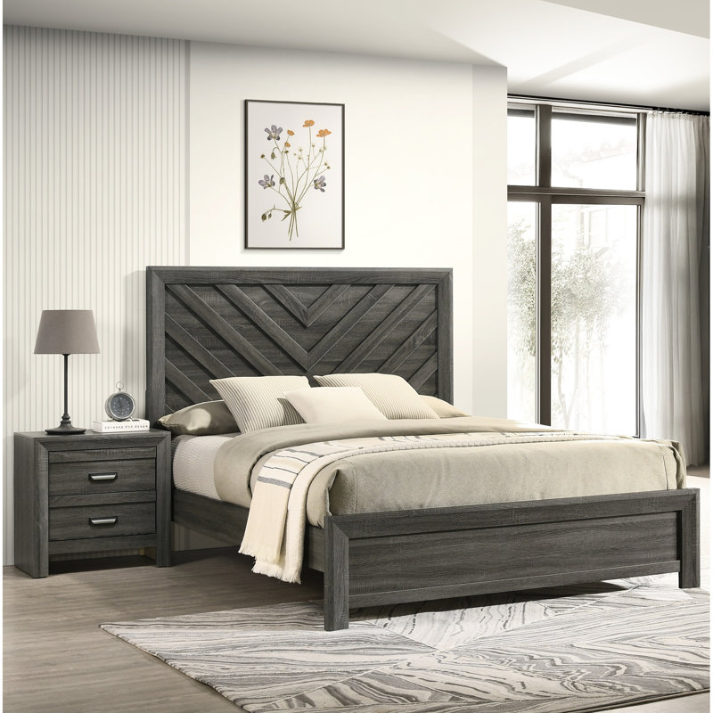 Grand lit contemporain à motif géométrique avec finition gris rustique et motif pour la structure de la chambre à coucher,