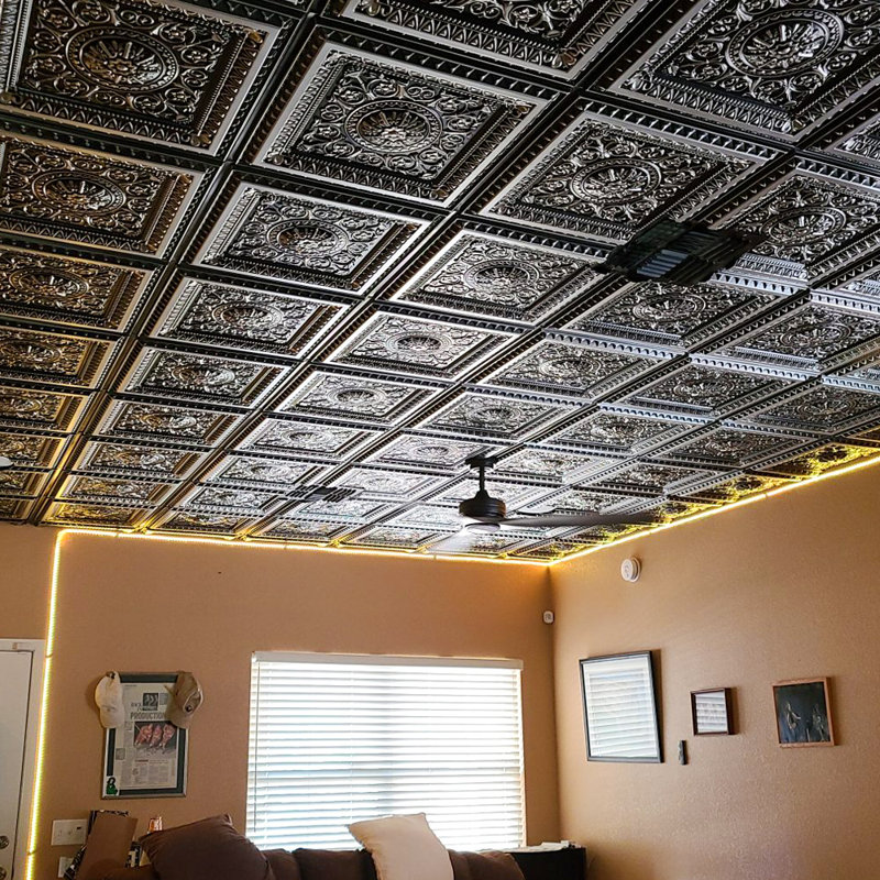Antique Silver Faux Tin Square PVC Ceiling Tiles, 24x24 Inches
