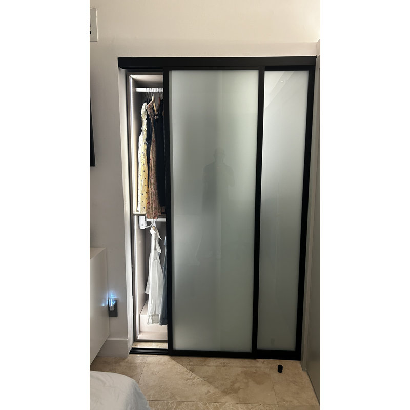 Garde-robe coulissant en verre givré à 2 panneaux, Noir, 48 po x 80 po