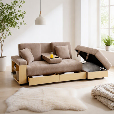 Canapé-lit convertible avec pouf de rangement, tablette rabattable et accoudoirs réversibles pour une utilisation polyvalente dans les salons et les appartements
