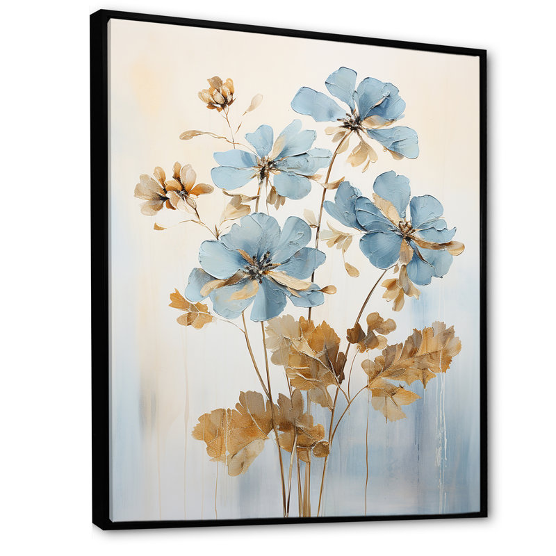 Beige et géraniums bleus - I, H 44 po x l 34 po x P 1,5 po, Cadre flottant noir